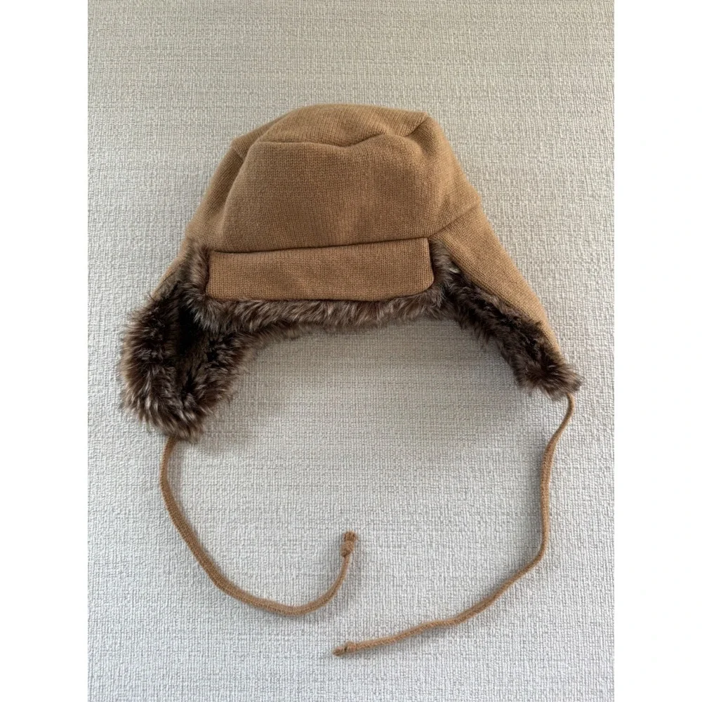J Crew Wool Blend Faux Fur Lined Flap Trapper Winter Hat Tan Brown Gorpecore